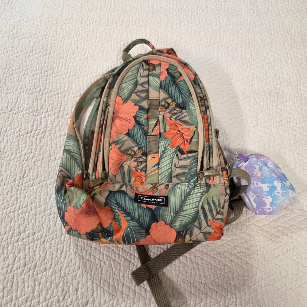 Dakine Tropical Floral Print Backpack Green Orange Hibiscus with Pouch